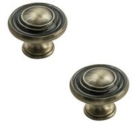 Loops 2X Round Ringed Pattern Door Knob 32mm Diameter Antique Burnished Brass Handle