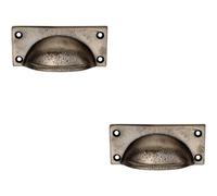 Loops 2X Square Plate Cabinet Cup Handle 90 X 40.5mm 77 X 28mm Fixings Pewter