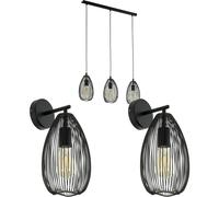 3 Bulb Ceiling Pendant & 2x Matching Wall Lights Black Wire Cage Shade Linear Loops Black One Size