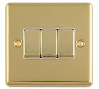 Loops 3-Gang Triple 2-Way Metal Rocker Light Switch, Polished Brass With White Trim, 10A