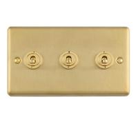 Loops 3 Gang Triple Retro Toggle Light Switch Plate Satin Brass 10A 2-Way