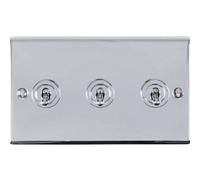 Loops 3 Gang Triple Retro Toggle Light Switch Polished Chrome 10A 2 Way Lever Plate