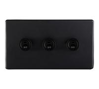 Loops 3 Gang Triple Retro Toggle Light Switch Screwless Matt Black 10A 2 Way Lever