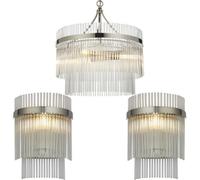 Loops 3 Light Ceiling Pendant & 2X Matching Wall Lamps - Polsihed Nickel Decorative Glass Rod Shades