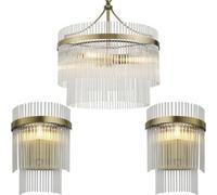 Loops 3 Light Ceiling Pendant & 2X Matching Wall Light - Clear Glass Rods Antique Brass Ring