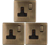 Loops 3 Pack 1 Gang Dp 13A Switched Uk Plug Socket Screwless Antique Brass Wall Power