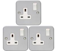 Loops 3 Pack 1 Gang Single 13A Switched Uk Plug Socket Heavy Duty Metal Clad Power