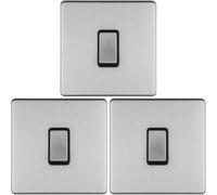 Loops 3 Pack 1 Gang Single Light Switch Screwless Satin Steel 2 Way 10A Slim Rocker