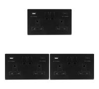 Loops 3 Pack 2 Gang Double 13A Uk Plug Socket & 2X 3.1A Usb-C & A Screwless Matt Black
