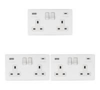 Loops 3 Pack 2 Gang Double 13A Uk Plug Socket & 2X 3.1A Usb-C & A Screwless Matt White
