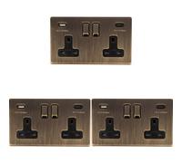 Loops 3 Pack 2 Gang Double 13A Uk Plug Socket & 2X 3.1A Usb-C Screwless Antique Brass