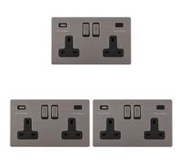 Loops 3 Pack 2 Gang Double 13A Uk Plug Socket & 2X 3.1A Usb-C Screwless Black Nickel
