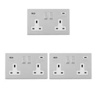 Loops 3 Pack 2 Gang Double 13A Uk Plug Socket & 2X 3.1A Usb-C Screwless Chrome Charger