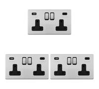 Loops 3 Pack 2 Gang Double 13A Uk Plug Socket & 2X 3.1A Usb-C Screwless Satin Steel