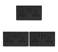 Loops 3 Pack 2 Gang Double Dp 13A Switched Uk Plug Socket Screwless Matt Black Wall Power