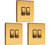 Loops 3 Pack 2 Gang Double Light Switch Screwless Satin Brass 2 Way 10A Slim Rocker