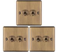 Loops 3 Pack 2 Gang Double Retro Toggle Light Switch Antique Brass 10A 2 Way Plate
