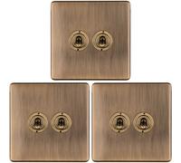 Loops 3 Pack 2 Gang Double Retro Toggle Light Switch Screwless Antique Brass 10A 2 Way