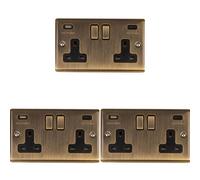 Loops 3 Pack 2 Gang Double Uk Plug Socket & Dual 3.1A Usb-C Antique Brass 13A Switched