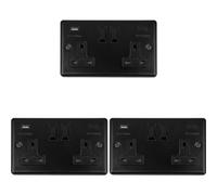 Loops 3 Pack 2 Gang Double Uk Plug Socket & Dual 3.1A Usb-C Matt Black 13A Switched