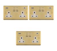 Loops 3-Pack 2-Gang Double Uk Socket With Dual 3.1A Usb-C & Usb-A Satin Brass White 13A Switched