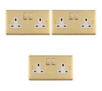 Loops 3-Pack 2-Gang Double Uk Switched Socket Satin Brass & White 13A