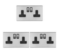 Loops 3 Pack 2 Gang Dp 13A Switched Uk Plug Socket Screwless Satin Steel Wall Power