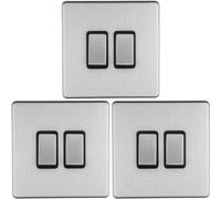 Loops 3 Pack 2 Gang Single Light Switch Screwless Satin Steel 2 Way 10A Slim Rocker