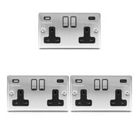 Loops 3 Pack 2 Gang Uk Plug Socket & 2X 3.1A Usb-C & A Satin Steel & Black 13A Switch