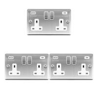 Loops 3 Pack 2 Gang Uk Plug Socket & 2X 3.1A Usb-C & A Satin Steel & White 13A Switch