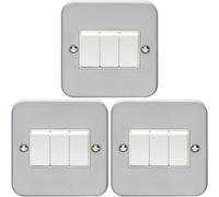 Loops 3 Pack 3 Gang Triple Light Switch 2 Way 10A Heavy Duty Metal Clad - White Rocker