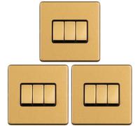 Loops 3 Pack 3 Gang Triple Light Switch Screwless Satin Brass 2 Way 10A Slim Rocker