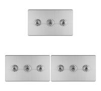 Loops 3 Pack 3 Gang Triple Retro Toggle Light Switch Screwless Satin Steel 10A 2 Way