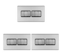 Loops 3 Pack 6 Gang Multi Light Switch Screwless Satin Steel 2 Way 10A Slim Rocker