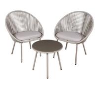 Loops 3Pc Garden Bistro Set - Steel & Rope - Outdoor Dining Chair & Round Table Grey