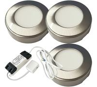 3x 2.6W LED Kitchen Cabinet Surface Spot Lights & Driver Kit Steel Warm White