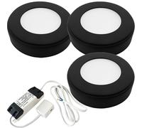 Loops 3x MATT BLACK Round Surface or Flush Under Cabinet Kitchen Light & Driver Kit - Natural White LED