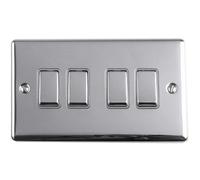 Loops 4 Gang Quad Light Switch Polished Chrome 2 Way 10A Grey Trim & Metal Rocker