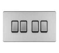 Loops 4 Gang Quad Light Switch Screwless Satin Steel 2 Way 10A Metal Rocker Slim