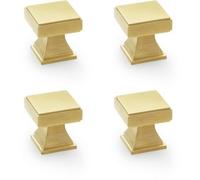 Loops 4 Pack - Chunky Square Cupboard Door Knob - 30mm - Satin Brass Kitchen Unit Pull Handle