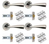 Loops 4 Pack - Door Handle & Latch Pack Set- Chrome Curved Flaired Lever Screwless Round Rose Kit