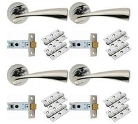 Loops 4 PACK - Door Handle & Latch Pack Set- Chrome Curved Flaired Lever Screwless Round Rose Kit