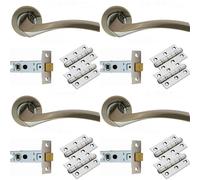 Loops 4 PACK - Door Handle & Latch Pack Set- Chrome Curved Square Lever Screwless Round Rose Kit