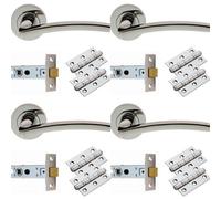 Loops 4 Pack - Door Handle & Latch Pack Set- Polished Chrome Slim Curved Screwless Round Rose Kit