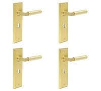 Loops 4 Pack Elegant Satin Brass Door Handle Lock Backplate For Modern Homes - Solid Brass Interior Lever