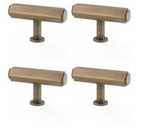 Loops 4 Pack - Industrial Hex T Bar Cabinet Door Knob - 55mm X 38mm - Antique Brass Pull Handle