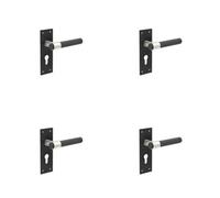 Loops 4 Pack Modern T-Bar Door Handle With Euro Profile Lockplate In Sleek Black Finish - Interior Lever On Backplate