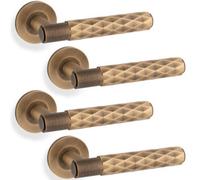 Loops 4 Pack - Pair Diamond Lever On Round Rose Door Handle - Antique Brass Concealed Screw