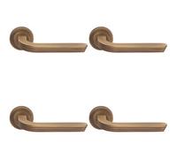 Loops 4 Pack - Premium Art Deco Door Handle Set - Antique Brass Reeded Lever On Round Rose