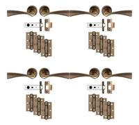 Loops 4 Pack - Premium Door Handle & Latch Pack Set- Antique Brass Curved Flair Lever Round Rose